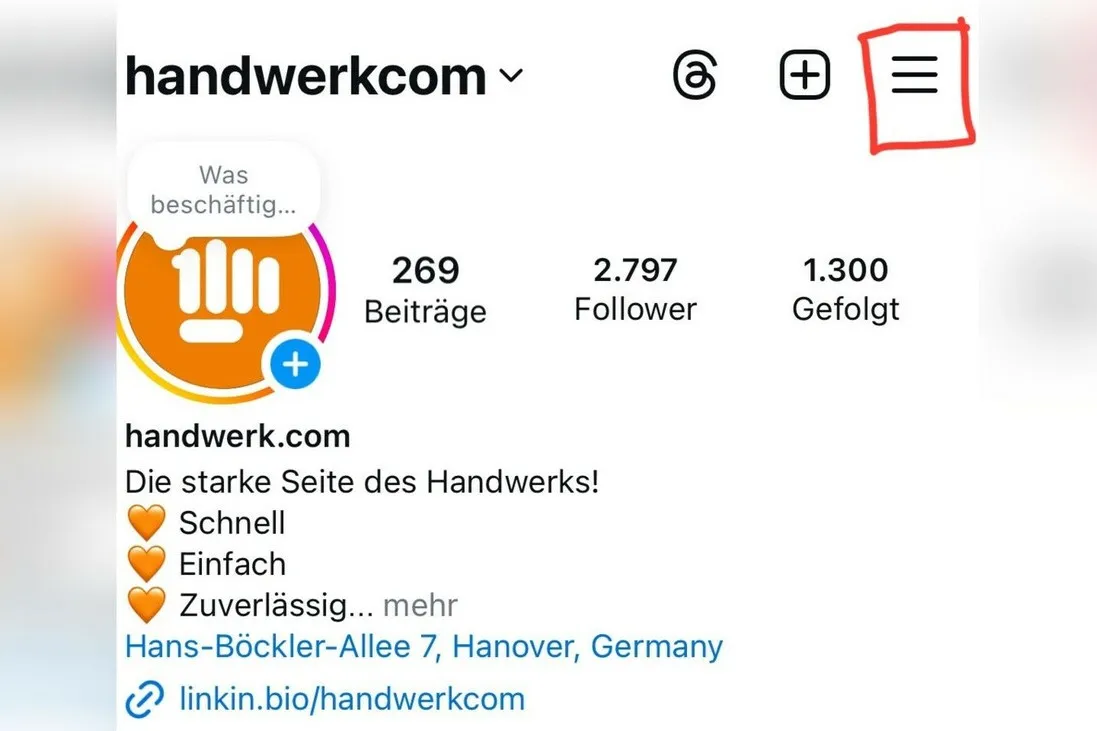Ansicht der Instagramprofils von handwerkcom. Die drei Striche oben rechts sind mit einem roten Kosten umrandet.